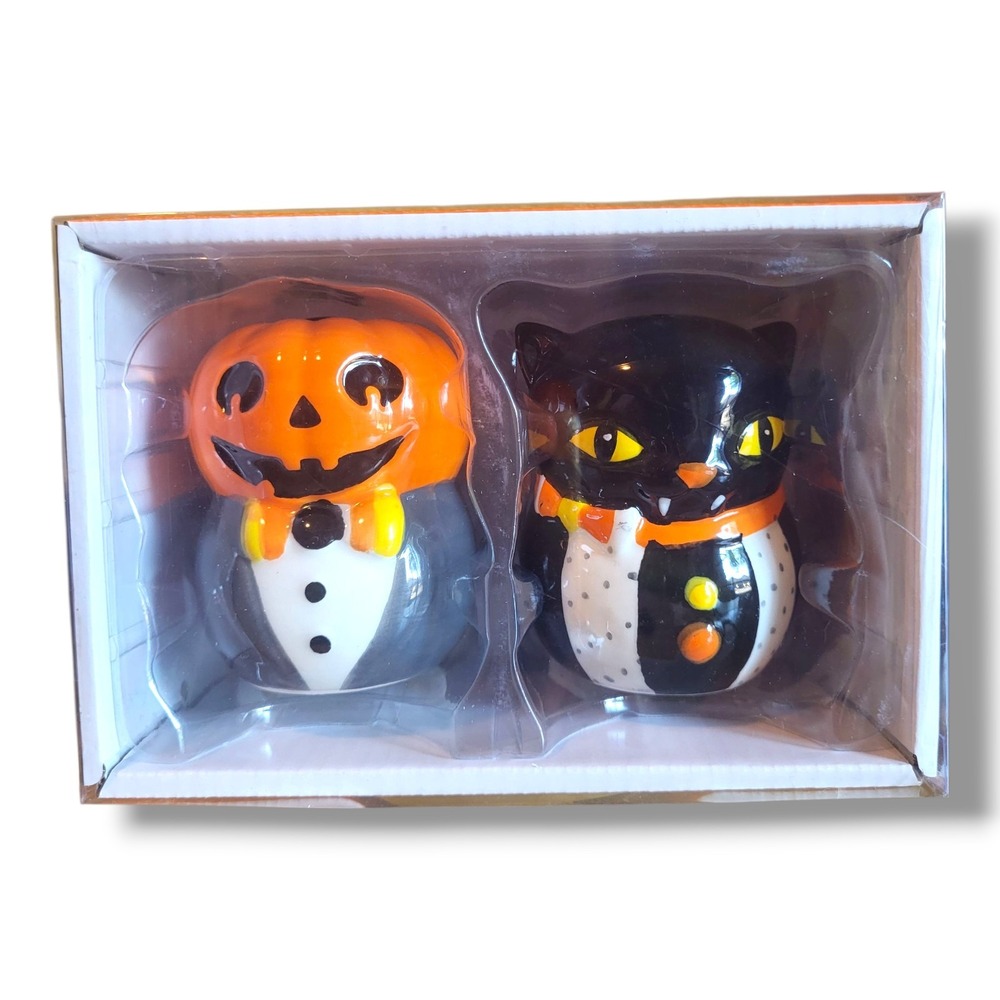 Jack O' Lantern Lane Halloween Pumpkin Black Cat Salt Pepper Shakers NEW